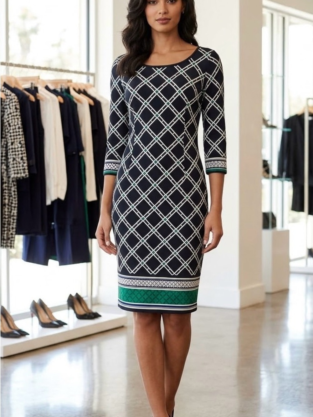 White House Black Market black & White Windowpane Sheath Dress with Green Border